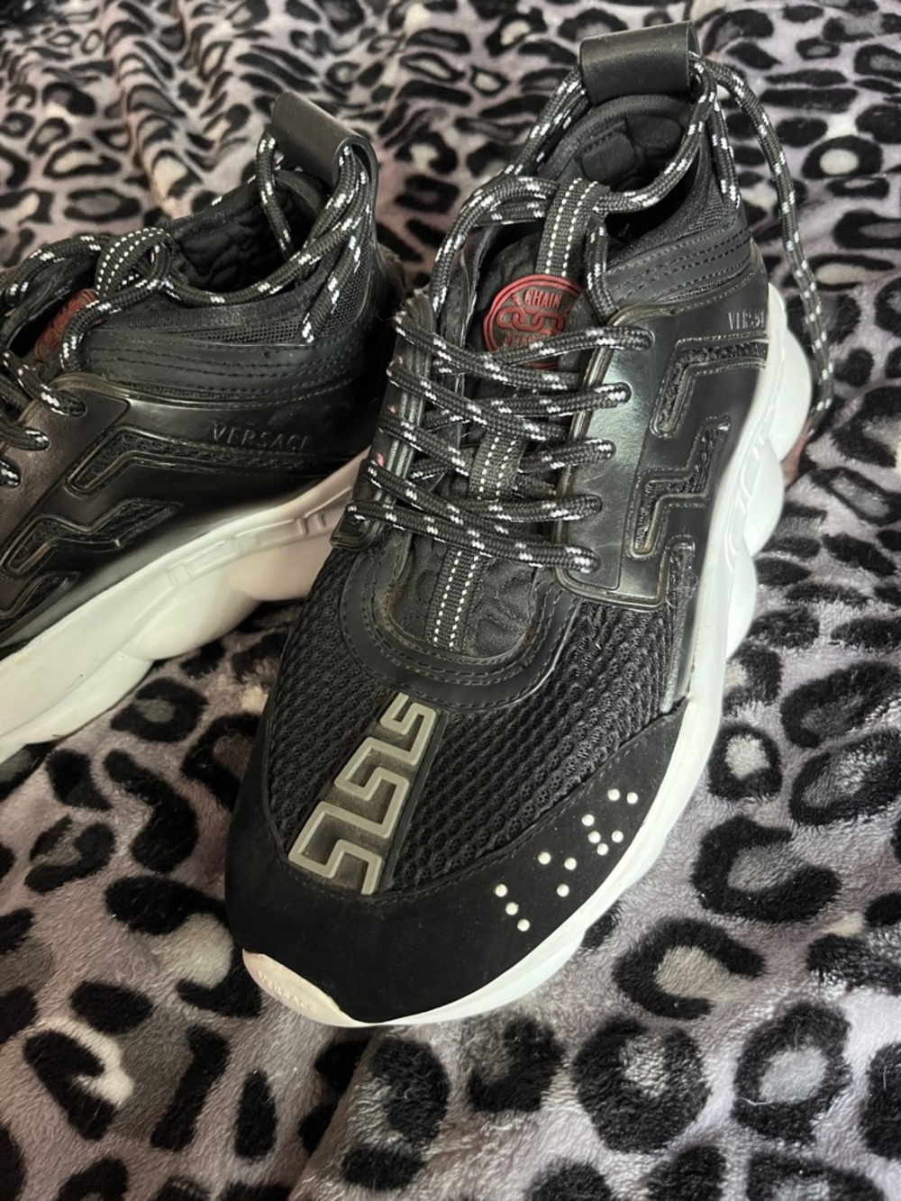 Versace Black and White Men's Chain-Detail Sneakers